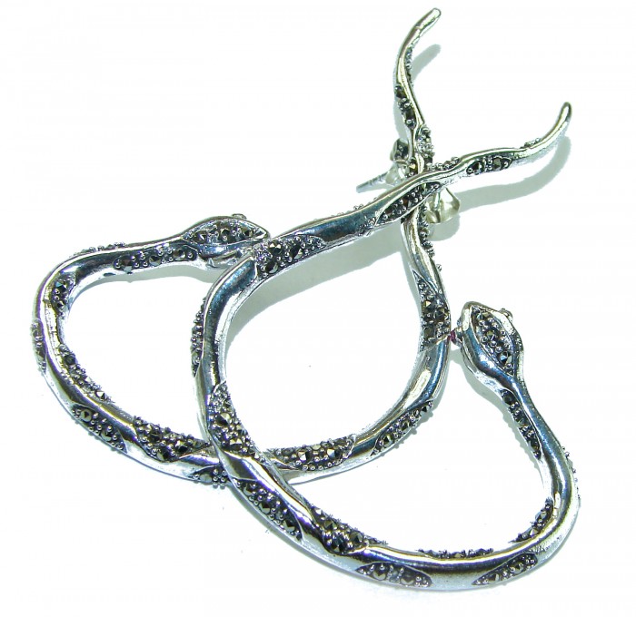 Large Snakes Ruby Marcasite .925 Sterling Silver wrap Earrings - Silver snake wrap earrings with marcasite, side view