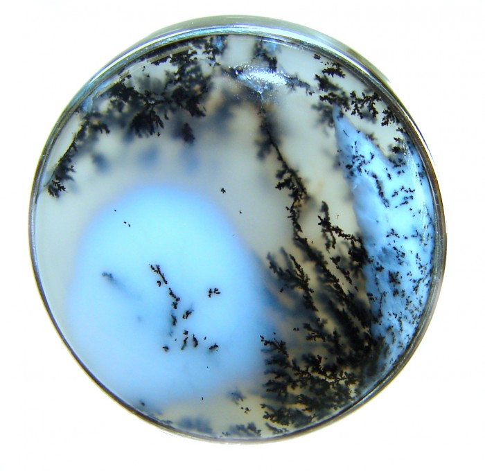 LARGE Top Quality Dendritic Agate .925 Sterling Silver handcrafted Ring s. 7 adjustable - Close-up of large dendritic agate in .925 sterling silver setting.