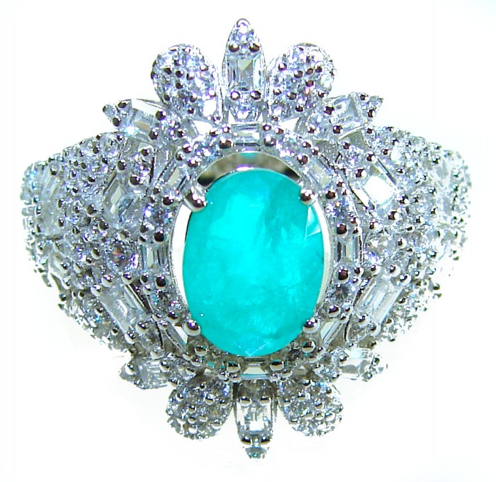 Vintage style - Timless Beauty 6.5 carat Emerald .925 Sterling Silver handcrafted Statement ring size 6 1/4 - Close-up of vintage style ring with emerald and diamond accents.