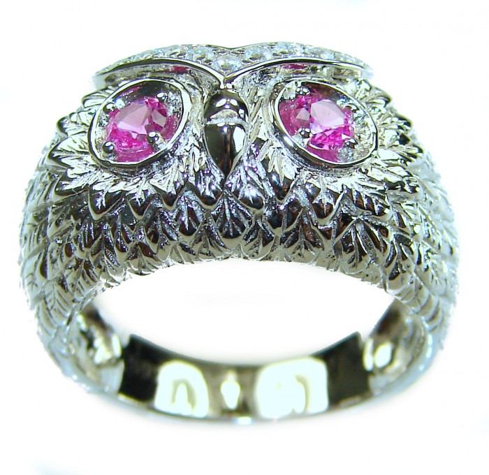 Owl 2.1 carat Pink Tourmaline Eyes .925 Sterling Silver dipped in real Gold handmade Ring size 8 - Front view of owl ring with pink tourmaline eyes in sterling silver.