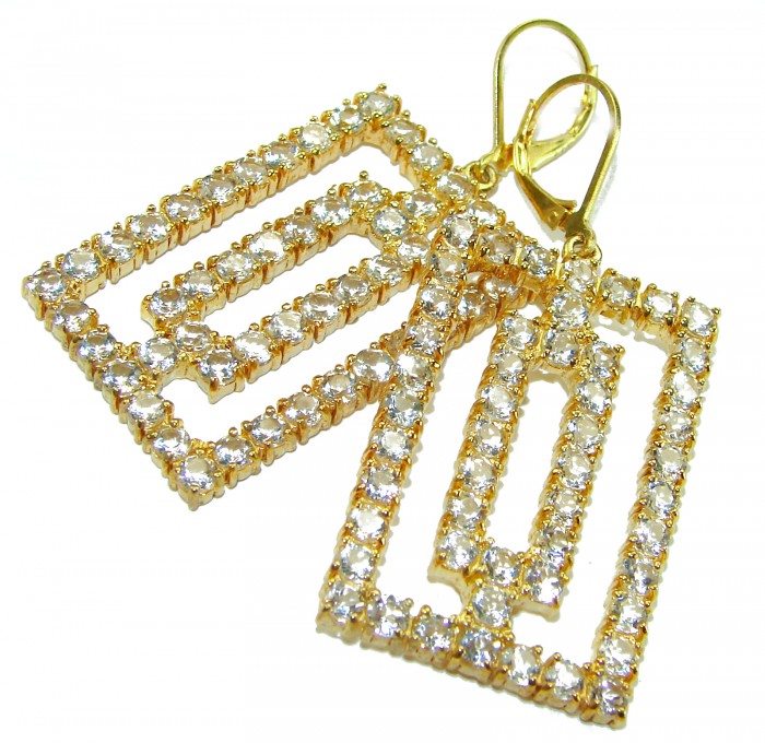 Large Extravaganza White Topaz 18K Gold over .925 Sterling Silver handcrafted Earrings - Gold rectangular earrings with white topaz stones in close-up view.