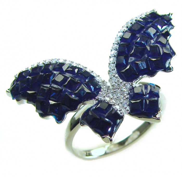 Blue Butterfly Authentic 16.2 carat Sapphire .925 Sterling Silver handcrafted Ring size 6 1/4 - Butterfly ring, top view, sapphire stones on sterling silver.