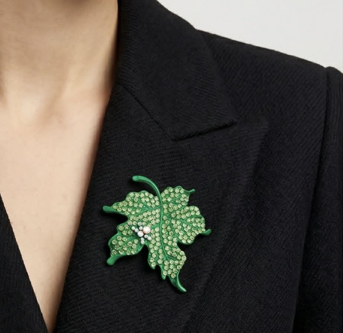 Stylish Green Leaf Crystal Brooch - photo 1