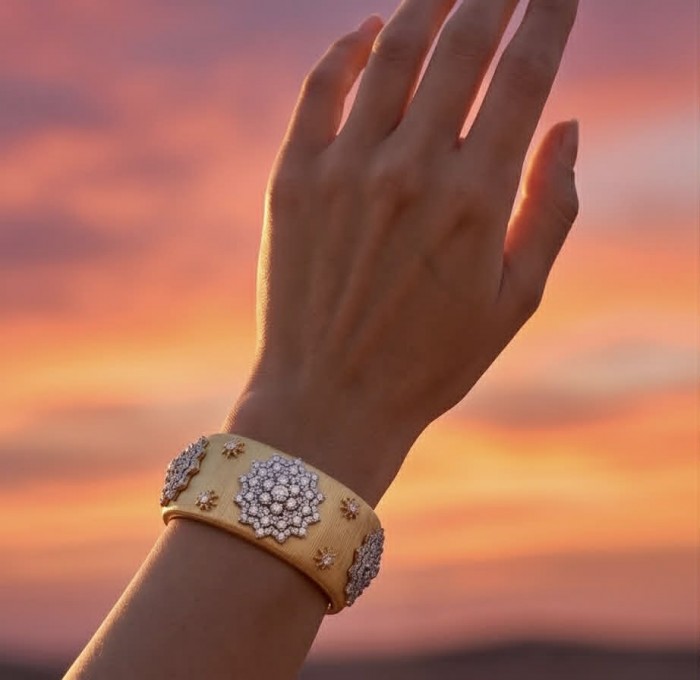 Spectacular authentic 10.8 carat White Topaz 14K Gold over .925 Sterling Silver handmade cuff Bracelet - Hand wearing 14K gold bracelet with white topaz, sunset background