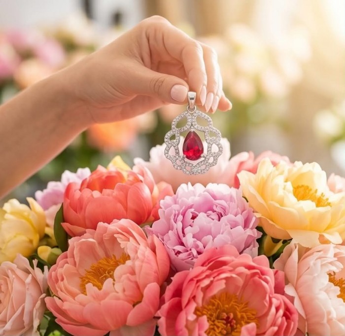 Magnificent Jewel 4.5 carat Ruby .925 Sterling Silver handcrafted incredible Pendant - Hand holding ruby pendant above colorful peonies, close-up view.