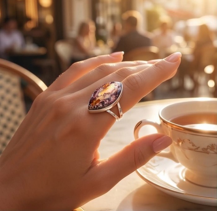Bonfire Night best quality 28.7 carat Mexican Opal .925 Sterling Silver handmade ring 8 - Mexican Opal ring worn on hand, close-up with teacup in background.