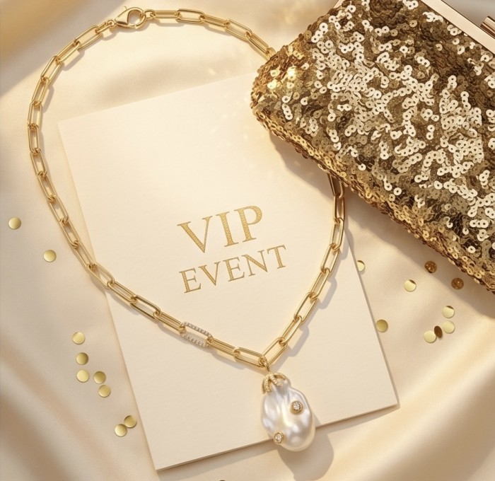 Precious Mother of Pearl 18K Gold over .925 Sterling Silver .925 Sterling Silver Necklace; 16 inches long - Necklace with pearl pendant on VIP event card, top view display.