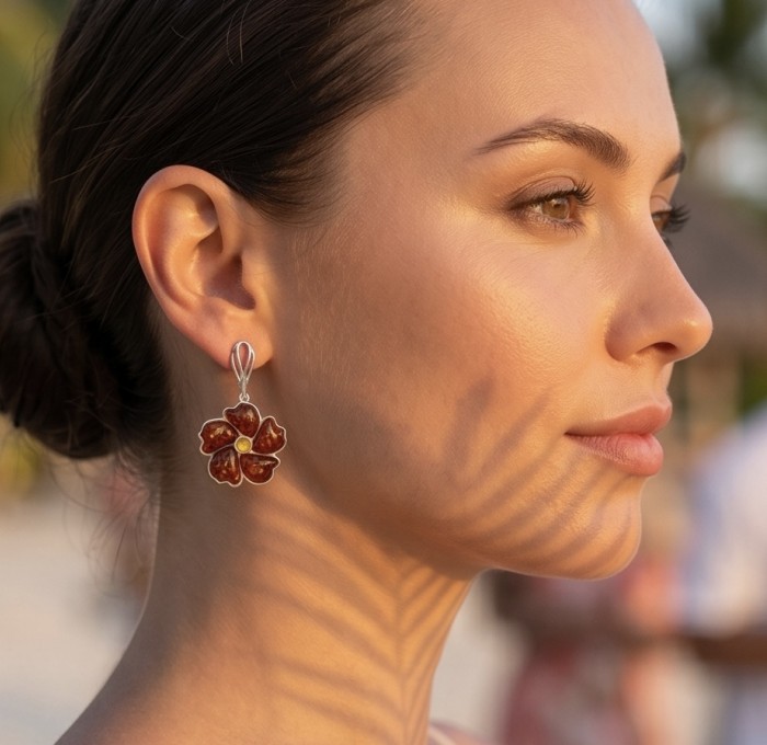Serenity - Authentic Baltic Amber .925 Sterling Silver handcrafted earrings - Side view of Serenity Baltic Amber earrings worn on ear
