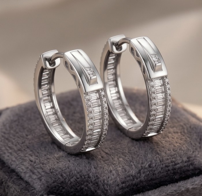 Allure Natural 8.2 carat White Topaz .925 Sterling Silver handcrafted hoop earrings - Side view of Allure White Topaz Sterling Silver hoop earrings.