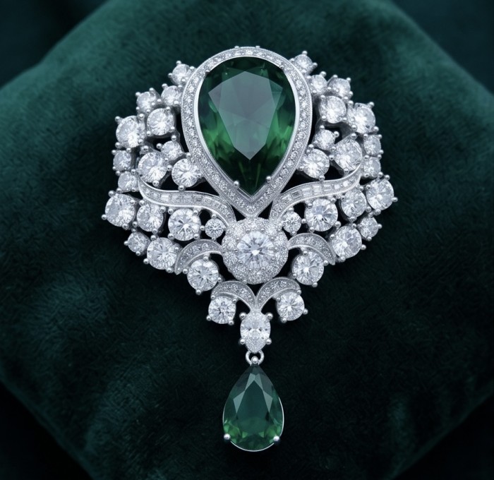 Heirloom Genuine 18.5 carat Colombian Emerald .925 Sterling Silver handmade Pendant - Brooch - Close-up of heirloom emerald brooch with diamonds on velvet background.