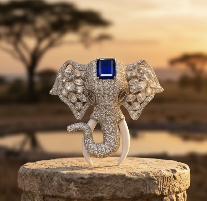 Attract YOUR Luck - ELEPHANT- 5.2 CARAT Sapphire .925 Sterling Silver dipped in rhodium handcrafted Pendant Brooch - Ornate elephant brooch with sapphire close-up, landscape background
