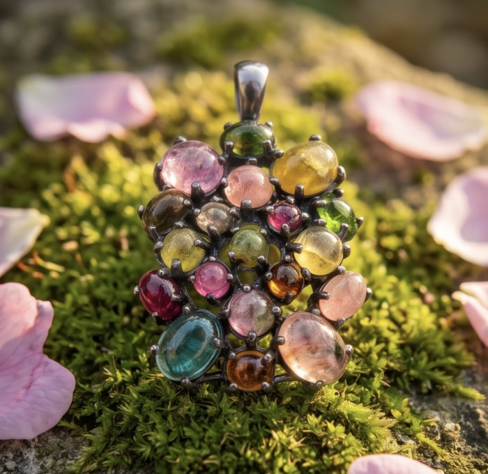 Victoria 25.5 carat Brazilian Watermalon Tourmaline black rhodium over .925 Sterling Silver handmade Pendant - Colorful tourmaline pendant on moss with petals, front view.