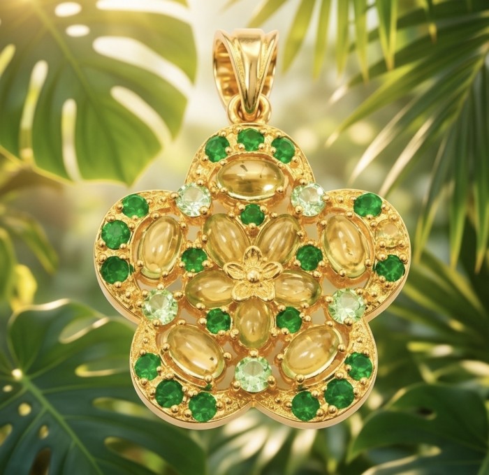 Amzonia - Authentic 8.5 carat Peridot Tsavorite Garnet 18K Gold over .925 Sterling Silver handmade Statement Pendant - Close-up of Amzonia pendant with peridot and tsavorite garnet stones.