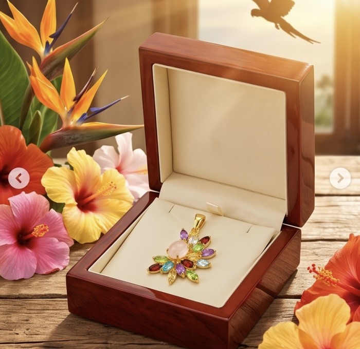 Brazilian Beauty 12.9 carat ROSE QUARTZ 18K Gold over .925 Sterling Silver handcrafted pendant - Pendant in an open box surrounded by colorful flowers outdoors