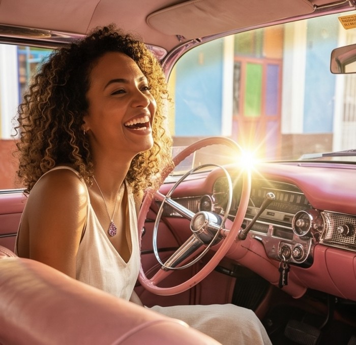 Marvelous Natural 20.8 carat Mozambique Garnet .925 Sterling Silver Handcrafted pendant - Necklace with Mozambique Garnet pendant, worn by smiling woman in car.