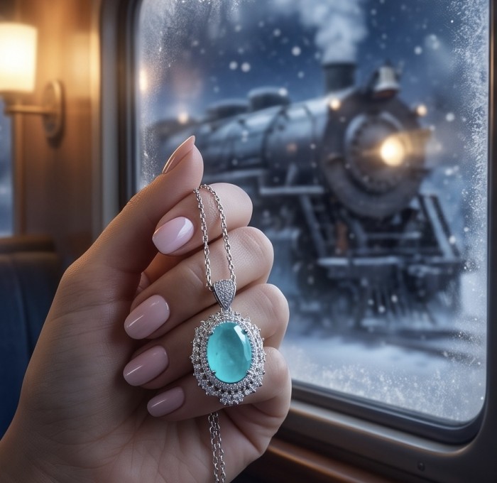 Wonderland 15.2 carat fancy oval cut Paraiba Tourmaline .925 Sterling Silver Handcrafted Statement necklace - Close-up of a hand holding the Wonderland Paraiba Tourmaline necklace.
