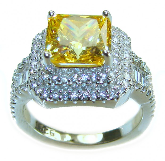 Splendid PRINCESS cut 7.2 carat yellow Sapphire .925 Sterling Silver brilliantly handcrafted ring s. 6 - Close-up of princess-cut yellow sapphire ring with diamond accents.