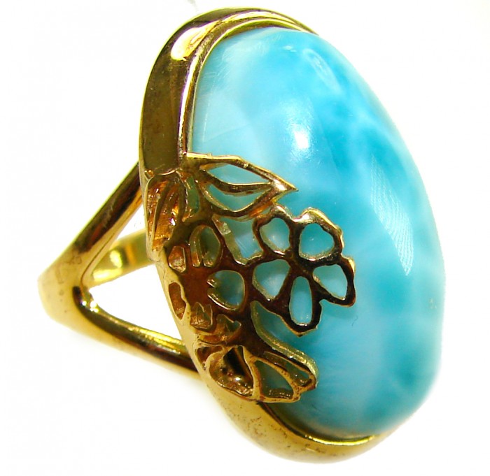 Blue Perfection best QUALITY Blue Larimar 18K rose Gold over .925 Sterling Silver handmade Large ring size 6 3/4 - Side view of blue Larimar ring in 18K rose gold with floral detail.