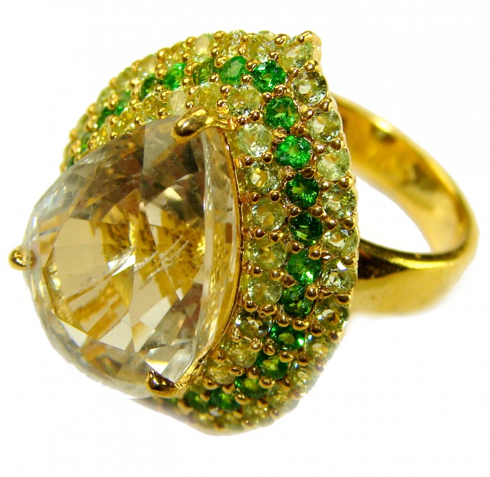 Golden Treasure 18.5 carat Citrine .925 Sterling Silver dipped in 14K Gold Handcrafted Huge Ring size 7 - Side view of Golden Treasure ring with green stones and citrine centerpiece.