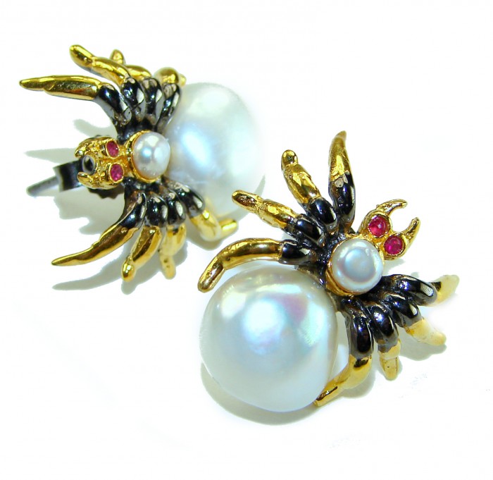 Genuine Pearl 14K Gold rhodium over .925 Sterling Silver handcrafted Statement Earrings - Spider earrings with pearls and gold detail, top view.
