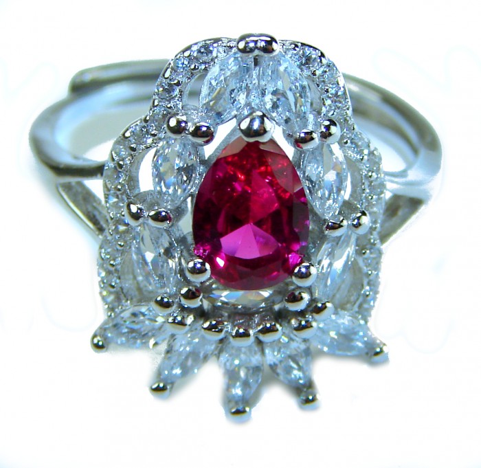 Spectacular Authentic 4.3 carat Ruby .925 Sterling Silver handmade Cocktail Ring s. 7 3/4 - Close-up of ruby and diamond ring in sterling silver setting.
