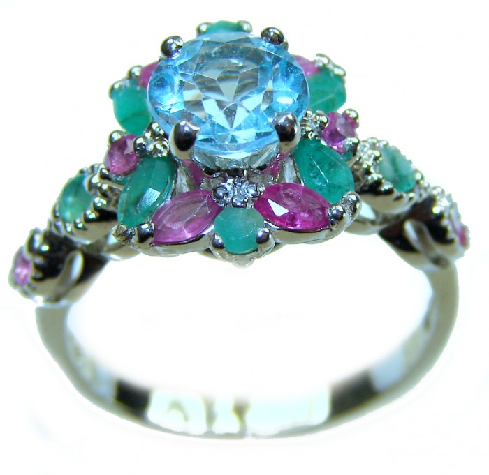 Emily 4.5 carat Swiss Aquamarine Ruby .925 Sterling Silver handmade Statement Ring size 6 - Close-up of Emily ring with aquamarine and ruby on sterling silver band