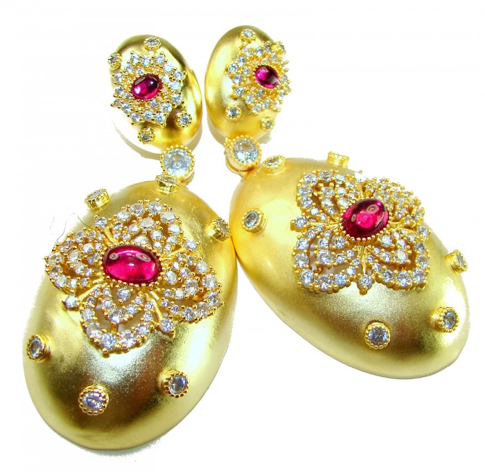 Byzantine design Authentic 8.2 carat 18K Gold over .925 Sterling Silver handcrafted earrings - Byzantine-style earrings, front view, gold with red stones and diamonds.