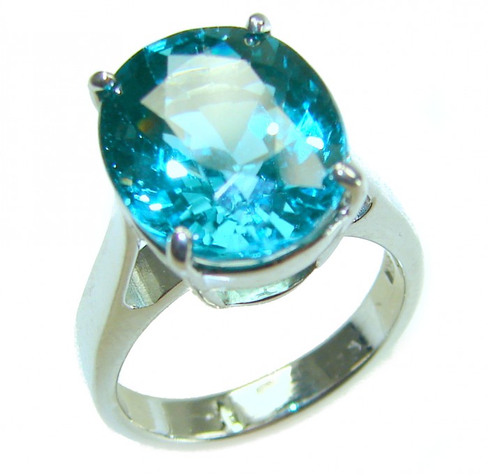 Wonderland 10.1 carat Paraiba Tourmaline .925 Sterling Silver Handcrafted Ring size 6 3/4 - Close-up of oval Paraiba Tourmaline ring in sterling silver.