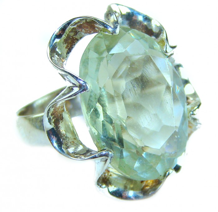 Natural 10.6 carat Green Amethyst .925 Sterling Silver ring size 5 3/4 - Close-up of green amethyst ring in sterling silver setting.