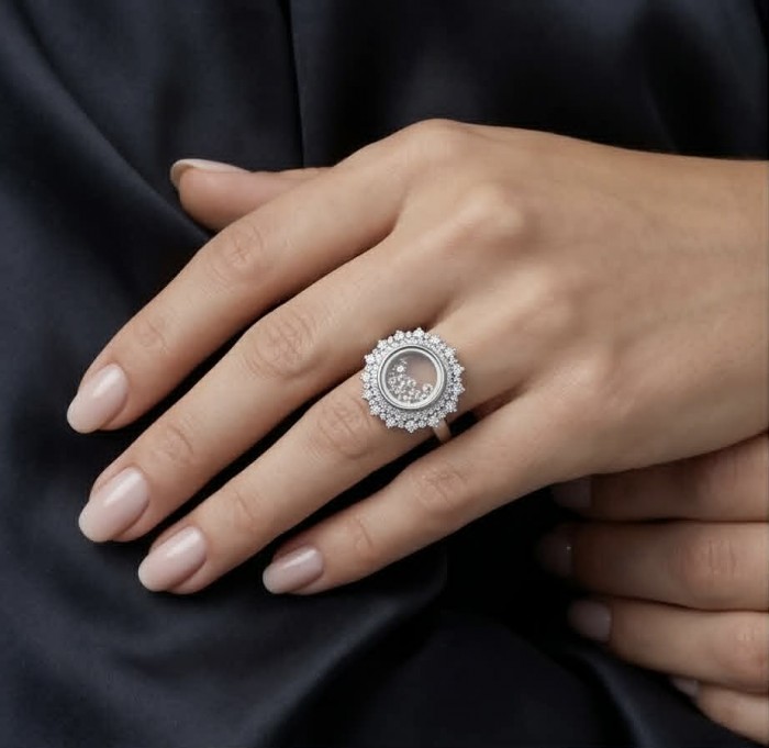 Floating Memories 10.5 carat White Sapphire .925 Sterling Silver Handcrafted Ring size 9 - Floating Memories ring worn on hand, 10.5 carat white sapphire display.