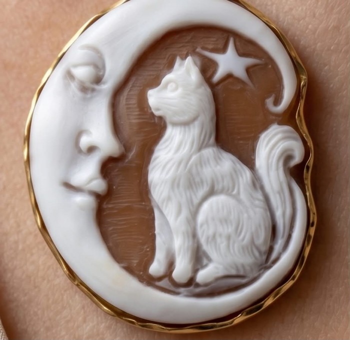 Magic Night vintage style Cameo from Sea Shell 18K Gold over .925 Sterling SilverMade in Italy Statement pendant - Close-up of a vintage style cameo with cat, moon, and star in gold setting.