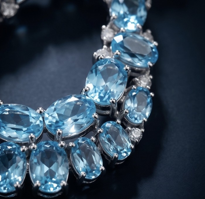 Atlantica 12.8 carat Swiss Blue Topaz 22K Gold over .925 Sterling Silver Handcrafted Statement earrings - Close-up of Swiss Blue Topaz stones in silver setting.