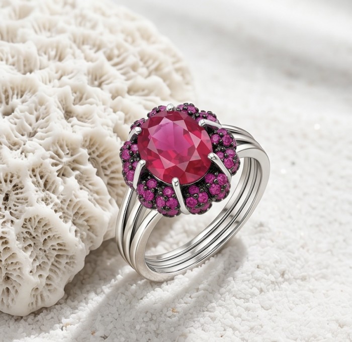Bella Rosa Genuine 4.5 CARAT Star Ruby rhodium over .925 Sterling Silver Statement Ring size 8 - Close-up of Bella Rosa 4.5 carat star ruby ring on textured background