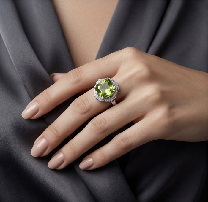 Royalty 9.9 carat authentic Himalayan Peridot .925 Sterling Silver Handcrafted Statement Ring size 7 - Peridot ring worn on hand, showcasing the stone and setting.