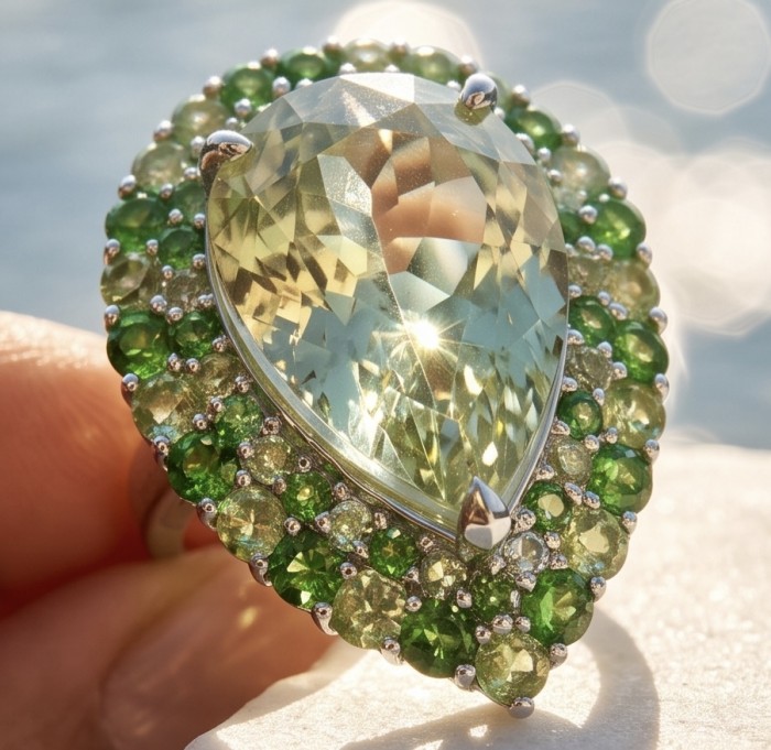 Large Natural 21.5 carat carved Green Amethyst rhodium over .925 Sterling Silver handcrafted ring size 8 - Close-up of green amethyst ring with emerald accents against light.