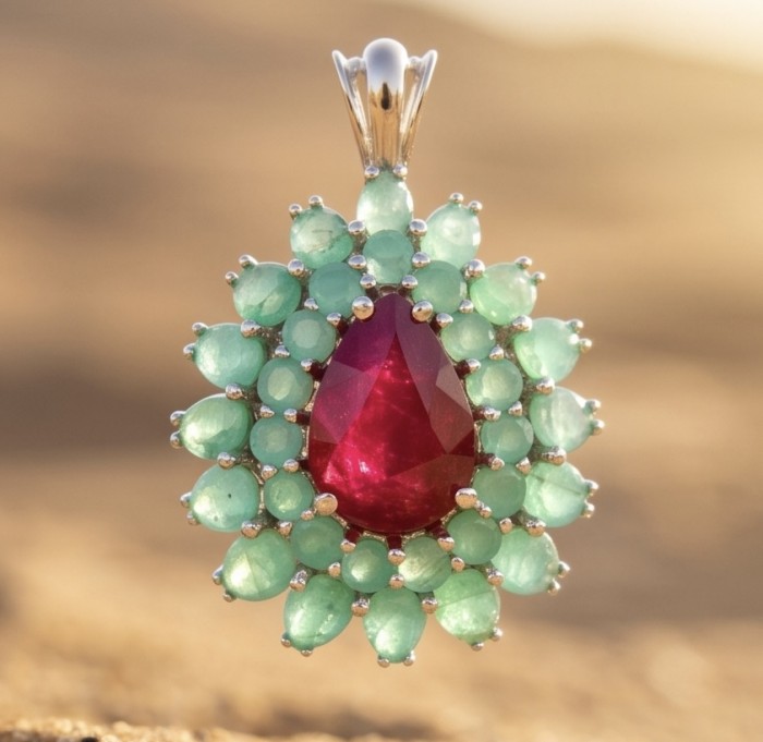 Rose Garden - authentic 10.5 carat Ruby Emerald rhodium over .925 Sterling Silver handcrafted Pendant - Close-up of Ruby Emerald pendant with rhodium finish.