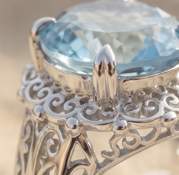 Poseidon 18.8 carat Swiss Blue Topaz .925 Sterling Silver dipped in rhodium handcrafted Large ring size 8 1/4 - Close-up of Poseidon Swiss Blue Topaz set in intricate sterling silver.