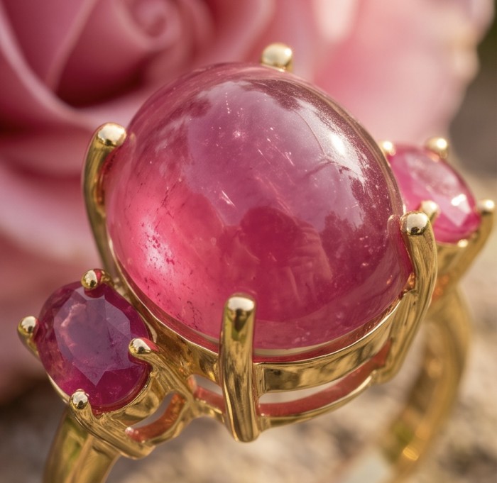Giuseppina - Magnificent 10.7 carat authentic Ruby 22K Gold over .925 Sterling Silver handcrafted Statement Ring size 6 - Close-up of 10.7 carat ruby ring in 22K gold setting.
