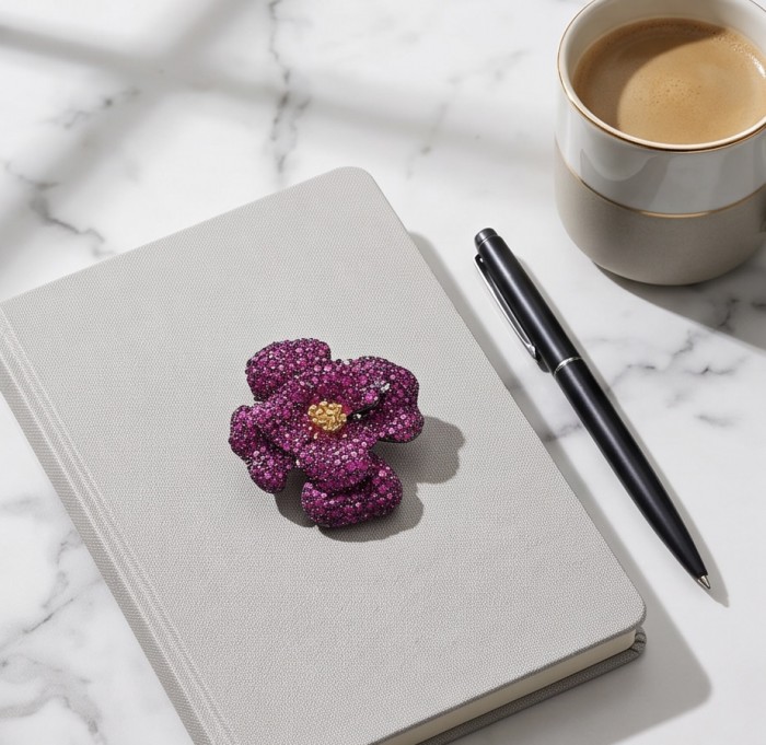 Black Label Collection - Retro Style - Rose Genuine 40.5 carat Ruby 2 tones .925 Sterling Silver dipped in black rhodium handmade Pendant - Brooch - Flat lay of rose-shaped gemstone brooch on notebook with pen and coffee.