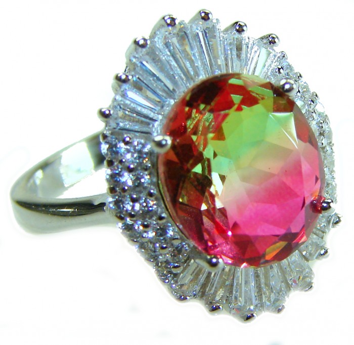 Magnificent 11.2 carat oval cut Pink Tourmaline .925 Silver handcrafted Cocktail Ring s. 7 3/4 - Close-up of pink tourmaline ring with diamond halo in silver setting.