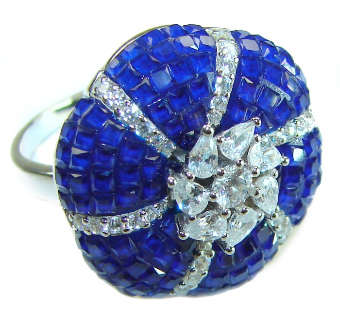 Blue Flower Authentic 12.2 carat Sapphire .925 Sterling Silver handcrafted Ring size 6 1/4 - Close-up of blue sapphire flower ring with diamond accents.