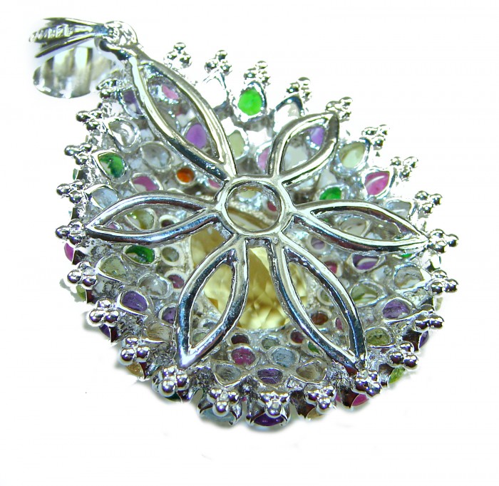 Wonderland 41.1 carat Lemon Quartz .925 Sterling Silver handcrafted pendant - Intricate sterling silver pendant with gemstone accents, top view.