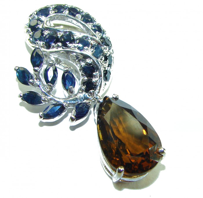 Celestial peace Authentic 9.5 carat Smoky Topaz Sapphire .925 Sterling Silver handmade Statement Pendant - Jewelry close-up of celestial peace with smoky topaz and sapphire stones