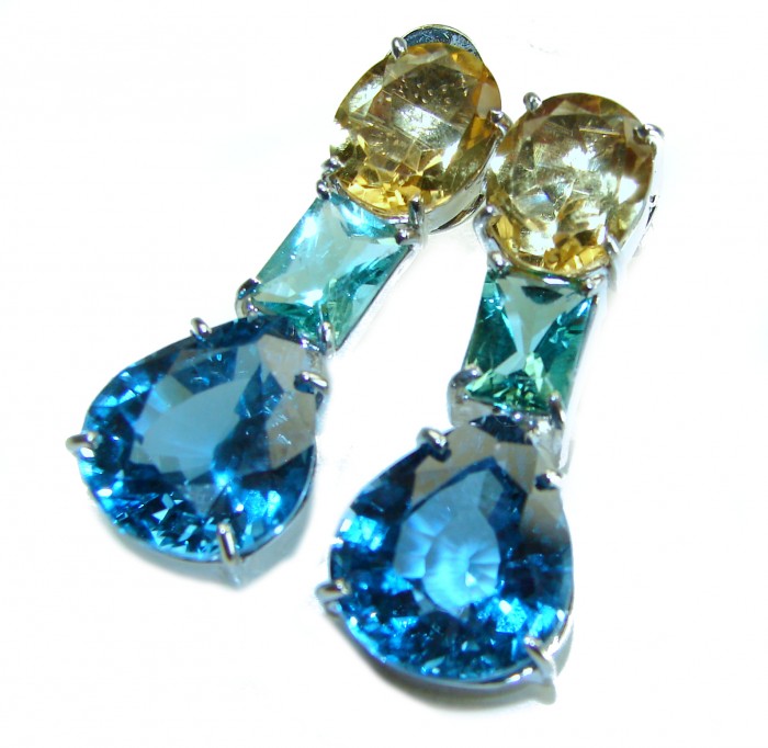 Atlantica 18.7 carat Swiss Blue Topaz .925 Sterling Silver Handcrafted Statement earrings - Close-up of Atlantica Swiss Blue Topaz earrings in sterling silver.