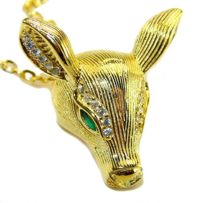 Deer'S Head 0.5 carat Emerald .925 Sterling Silver dipped in 18K Gold handmade Statement necklace - Close-up of gold-plated deer head pendant with emerald and crystals.