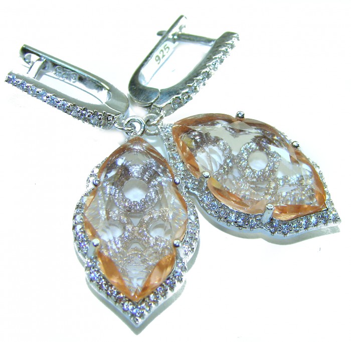 Madagascar Sun 15.8 carat Morganite .925 Sterling Silver handcrafted Statement Earrings - Close-up of Madagascar Sun 15.8 ct Morganite earrings with sterling silver.