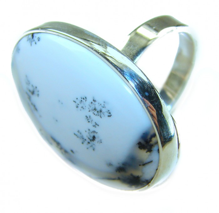 LARGE Top Quality Dendritic Agate .925 Sterling Silver handcrafted Ring s. 7 adjustable - Close-up of large dendritic agate ring in .925 sterling silver setting.