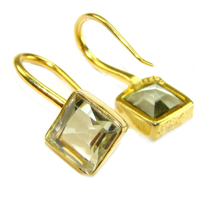 Splendid 5.5 carat Aquamarine 14K Gold over .925 Sterling Silver Handcrafted Earrings - Gold aquamarine earrings, angled view showing stone and hook design