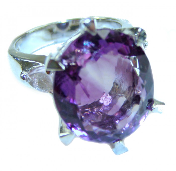 Purple Odyssey 9.5 carat natural Purple Amethyst .925 Sterling Silver Handcrafted Ring size 5 1/2 - Close-up of Purple Odyssey amethyst ring in sterling silver setting.