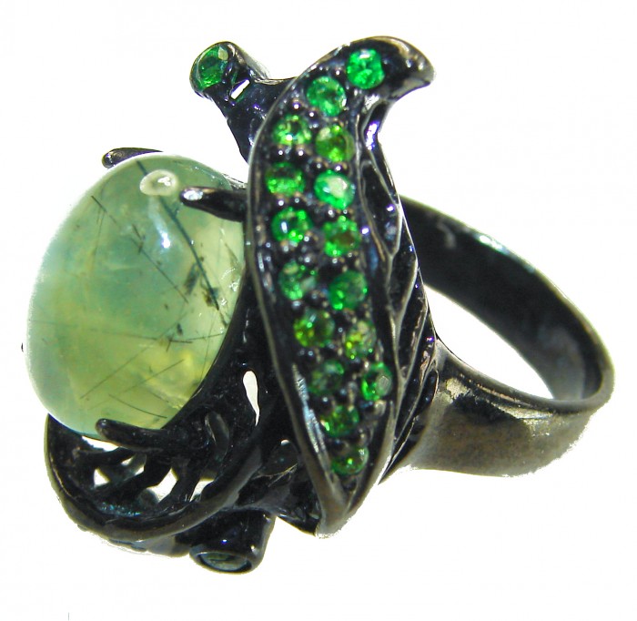 Best quality Prehnite black rhodium over .925 Sterling Silver handcrafted LARGE Ring Size 7 1/4 - Side view of Prehnite ring with green stones on black rhodium setting.